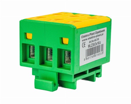 Blok rozdzielczy‑odgałęźny 3‑polowy AL/CU 3x16mm2 zielony montaż płaski i na szynę TH WLZ35/3x16/z 48.318