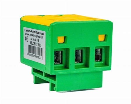 Blok rozdzielczy‑odgałęźny 3‑polowy AL/CU 3x16mm2 zielony montaż płaski i na szynę TH WLZ35/3x16/z 48.318