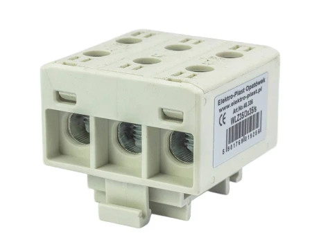 Blok rozdzielczy‑odgałęźny 3‑polowy AL/CU 3x35mm2 szary montaż płaski i na szynę TH WLZ35/3x35/s 48.336