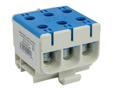 Złącze przelotowe 3‑p AL/CU 3x50mm2 niebieski montaż płaski na szynę DIN