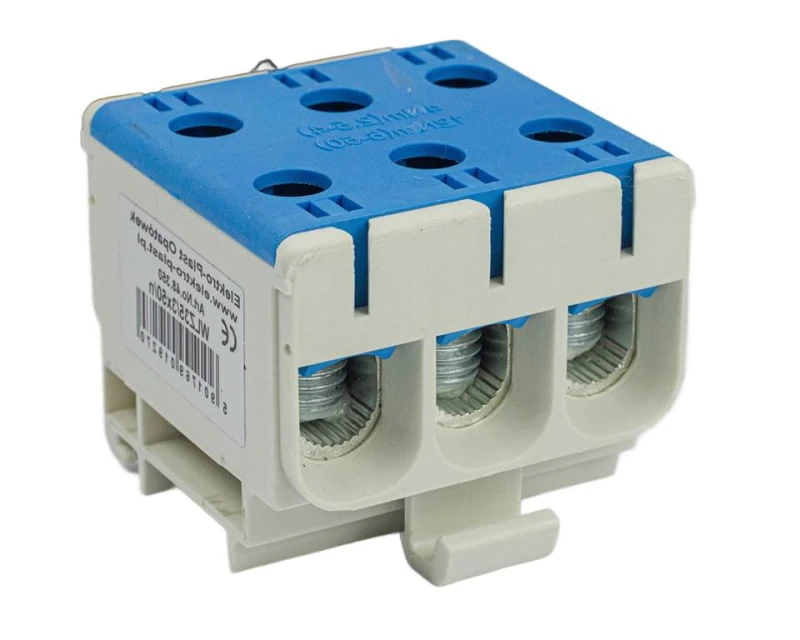 Złącze przelotowe 3‑p AL/CU 3x50mm2 niebieski montaż płaski na szynę DIN