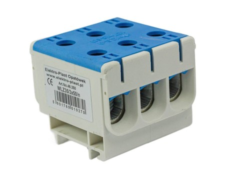 Złącze przelotowe 3‑p AL/CU 3x50mm2 niebieski montaż płaski na szynę DIN