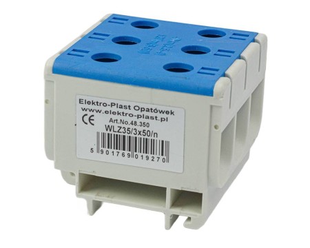 Złącze przelotowe 3‑p AL/CU 3x50mm2 niebieski montaż płaski na szynę DIN