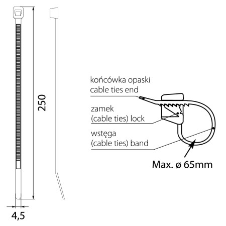 Opaska kablowa 4,5mm 250mm czarna UV 250/4,5 OZC 45‑250 100szt