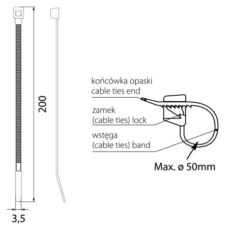 Opaska kablowa 3,5mm 200mm czarna UV 200/3,5 OZC 35‑200 100szt