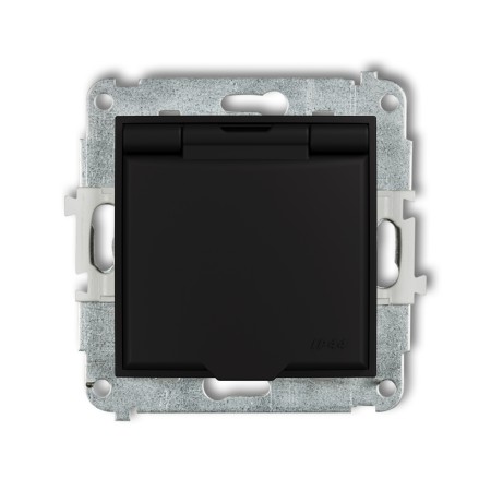 Karlik seria Mini Mechanizm gniazda bryzgoszczelnego z uziemieniem 2P+Z (klapka czarny mat, przesłony torów prądowych) kolor czarny mat indeks 12MGPB-1zp