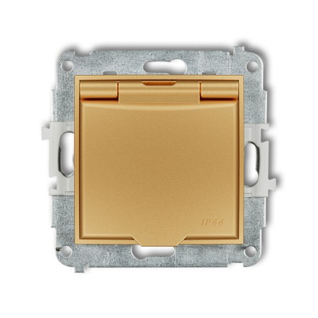 Karlik seria Mini Mechanizm gniazda bryzgoszczelnego z uziemieniem 2P+Z (klapka złota, przesłony torów prądowych) kolor złoty indeks 29MGPB-1zp