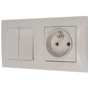 Włącznik podwójny z gniazdem pojedynczym z ramką seria szafir kolor kaszmirowy beż