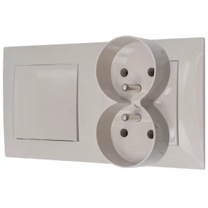 Włącznik pojedynczy z gniazdem podwójnym z ramką seria szafir kolor kaszmirowy beż