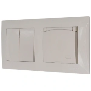 Włącznik podwójny z gniazdem hermetycznym z ramką seria szafir kolor kaszmirowy beż