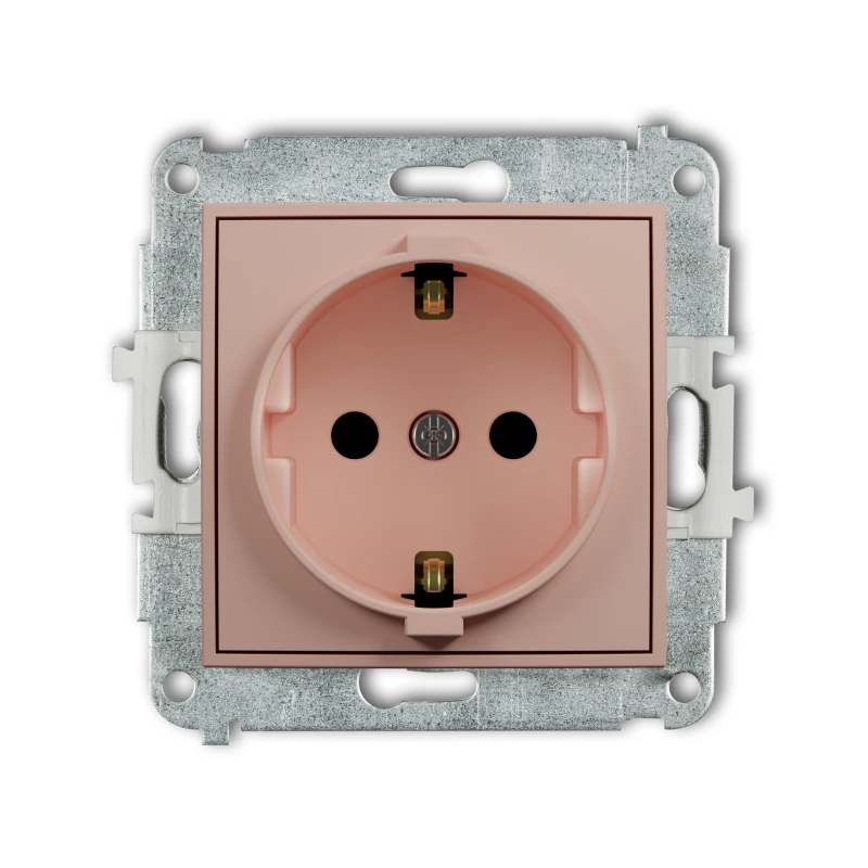 Karlik Seria Mini Mechanizm gniazda pojedynczego z uziemieniem SCHUKO 2P+Z (przesłony torów prądowych) kolor łososiowy symbol 62MGP-1sp
