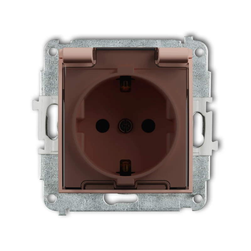 Karlik Seria Mini Mechanizm gniazda bryzgoszczelnego z uziemieniem SCHUKO 2P+Z (klapka dymna, przesłony torów prądowych) kolor łososiowy symbol 62MGPB-1sdp