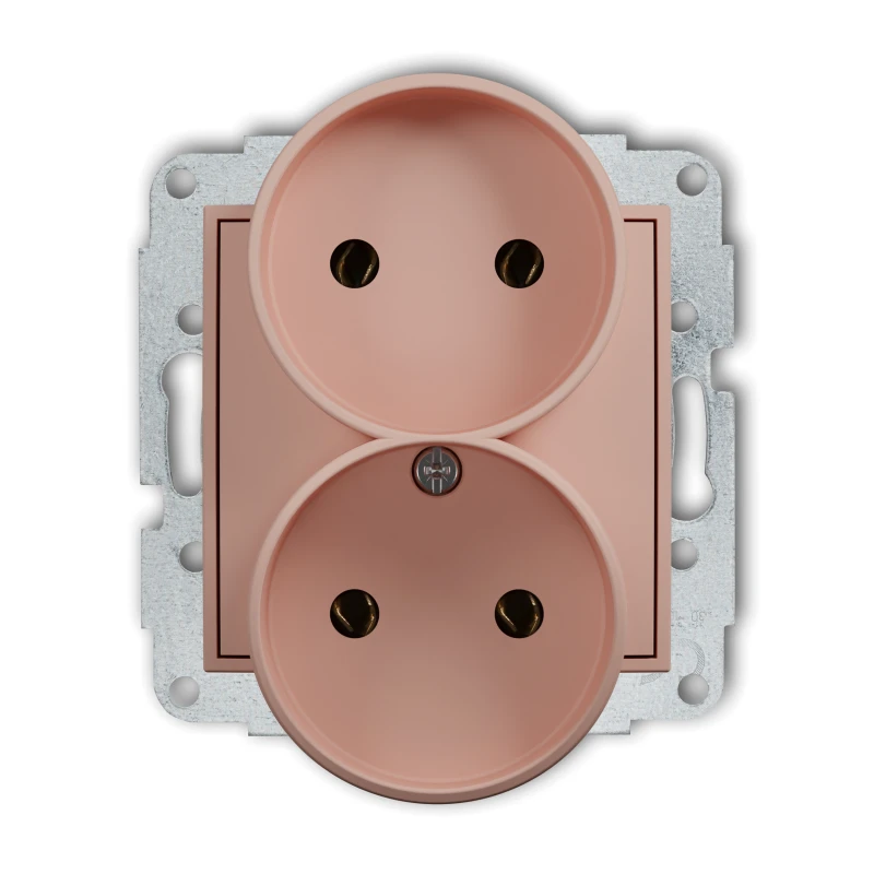 Karlik Seria Mini Mechanizm gniazda podwójnego do ramki bez uziemienia 2x2P (bez przesłon torów prądowych) kolor łososiowy symbol 62MGPR-2