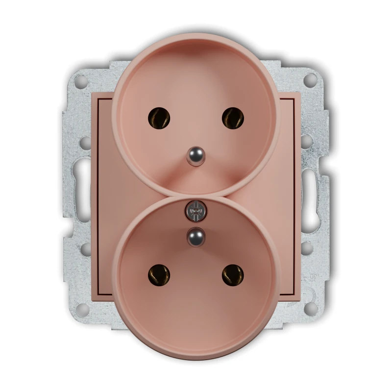 Karlik Seria Mini Mechanizm gniazda podwójnego do ramki z uziemieniem 2x(2P+Z) (bez przesłon torów prądowych) kolor łososiowy symbol 62MGPR-2z