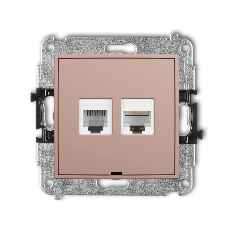Karlik Seria Mini Mechanizm gniazda telefonicznego pojedynczego 1xRJ11 + komputerowego pojedynczego 1xRJ45, kat. 5e, 8-stykowy, beznarzędziowe, bez pola opisowego kolor łososiowy symbol 62MGTKBO