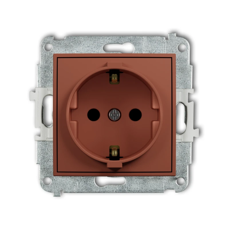 Karlik Seria Mini Mechanizm gniazda pojedynczego z uziemieniem SCHUKO 2P+Z (przesłony torów prądowych) kolor terakota symbol 63MGP-1sp