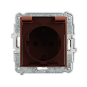 Karlik Seria Mini Mechanizm gniazda bryzgoszczelnego z uziemieniem SCHUKO 2P+Z (klapka dymna, przesłony torów prądowych) kolor terakota symbol 63MGPB-1sdp