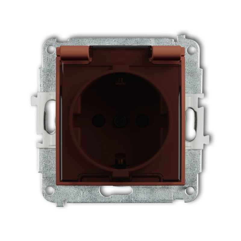 Karlik Seria Mini Mechanizm gniazda bryzgoszczelnego z uziemieniem SCHUKO 2P+Z (klapka dymna, przesłony torów prądowych) kolor terakota symbol 63MGPB-1sdp