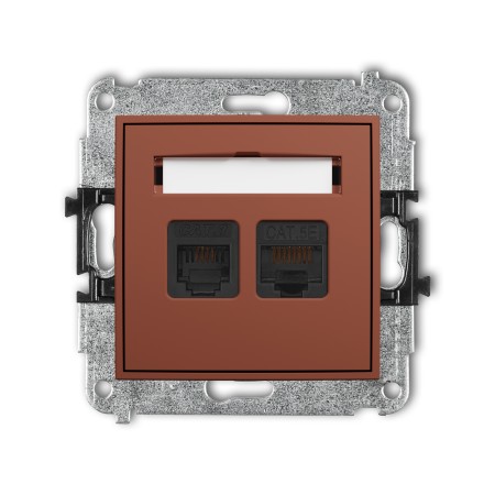 Karlik Seria Mini Mechanizm gniazda telefonicznego pojedynczego 1xRJ11 + komputerowego pojedynczego 1xRJ45, kat. 5e, 8-stykowy, beznarzędziowe kolor terakota symbol 63MGTK