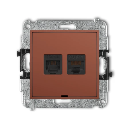 Karlik Seria Mini Mechanizm gniazda telefonicznego pojedynczego 1xRJ11 + komputerowego pojedynczego 1xRJ45, kat. 5e, 8-stykowy, beznarzędziowe, bez pola opisowego kolor terakota symbol 63MGTKBO