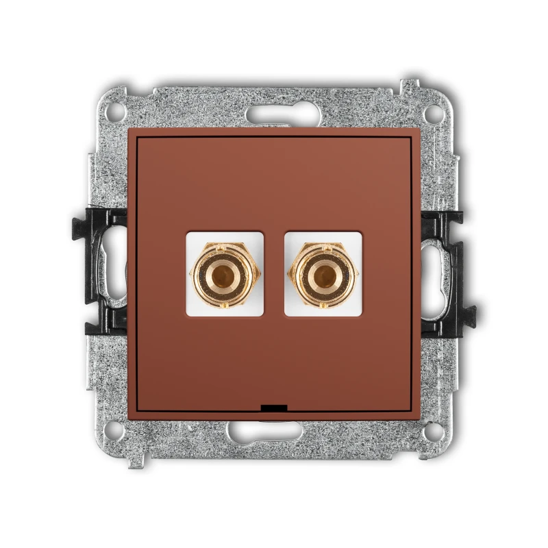Karlik Seria Mini Mechanizm gniazda głośnikowego pojedynczego, bez pola opisowego (typu banan - czerwony i czarny, pozłacany, 4 mm2, do lutowania) kolor terakota symbol 63MGGBO-3