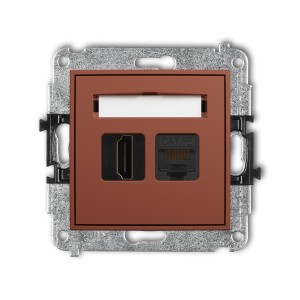 Karlik Seria Mini Mechanizm gniazda pojedynczego HDMI 2.0, 4K + gniazda komp. poj. 1xRJ45, kat. 5e, 8-stykowy kolor terakota symbol 63MGHK