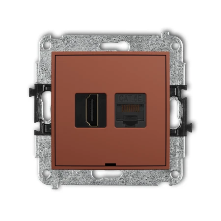 Karlik Seria Mini Mechanizm gniazda pojedynczego HDMI 2.0, 4K + gniazda komp. poj. 1xRJ45, kat. 5e, 8-stykowy, bez pola opisowego kolor terakota symbol 63MGHKBO