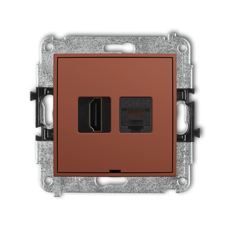 Karlik Seria Mini Mechanizm gniazda pojedynczego HDMI 2.0, 4K + gniazda komp. poj. 1xRJ45, kat. 5e, 8-stykowy, bez pola opisowego kolor terakota symbol 63MGHKBO