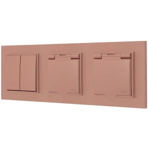 Włącznik podwójny i dwa gniazda hermetyczne z ramką kwadratową seria MINI kolor łososiowy