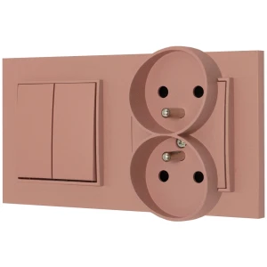 Włącznik podwójny z gniazdem podwójnym z ramką kwadratową seria MINI kolor łososiowy