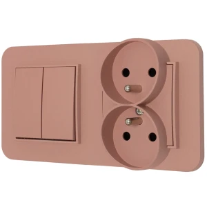 Włącznik podwójny z gniazdem podwójnym z ramką zaokrągloną seria MINI kolor łososiowy