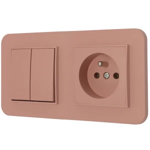 Włącznik podwójny z gniazdem pojedynczym z ramką zaokrągloną seria MINI kolor łososiowy