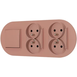 Włącznik pojedynczy i dwa gniazda podwójne z ramką okrągłą seria MINI kolor łososiowy