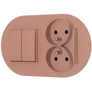 Włącznik podwójny z gniazdem podwójnym z ramką okrągłą seria MINI kolor łososiowy