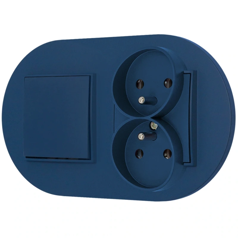 Włącznik pojedynczy z gniazdem podwójnym z ramką okrągłą seria MINI kolor navy blue