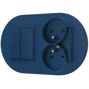 Włącznik podwójny z gniazdem podwójnym z ramką okrągłą seria MINI kolor navy blue