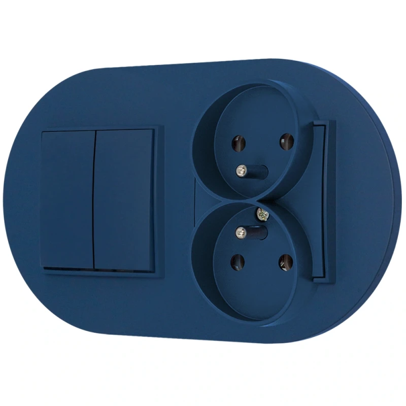 Włącznik podwójny z gniazdem podwójnym z ramką okrągłą seria MINI kolor navy blue