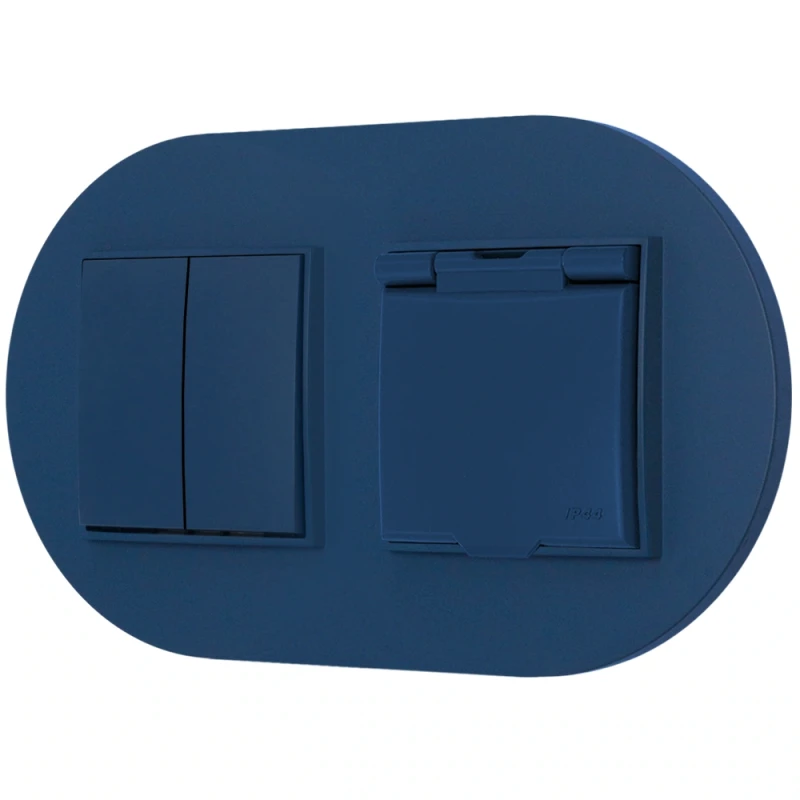 Włącznik podwójny z gniazdem hermetycznym z ramką okrągłą seria MINI kolor navy blue