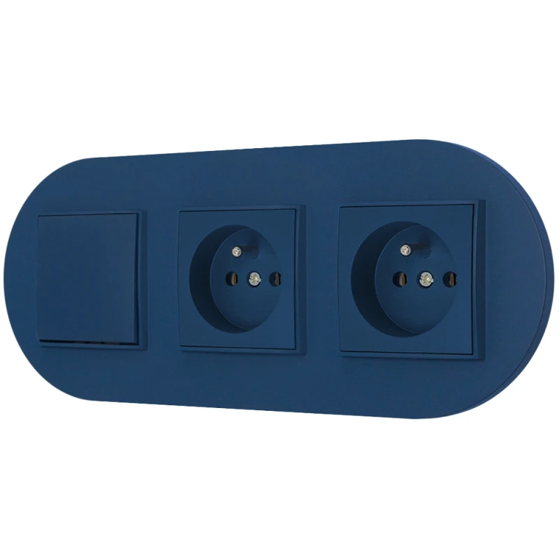 Włącznik pojedynczy i dwa gniazda pojedyncze z ramką okrągłą seria MINI kolor navy blue