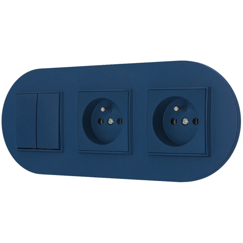 Włącznik podwójny i dwa gniazda pojedyncze z ramką okrągłą seria MINI kolor navy blue