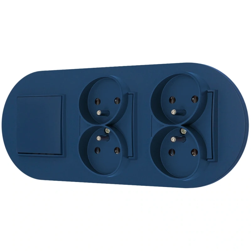 Włącznik pojedynczy i dwa gniazda podwójne z ramką okrągłą seria MINI kolor navy blue