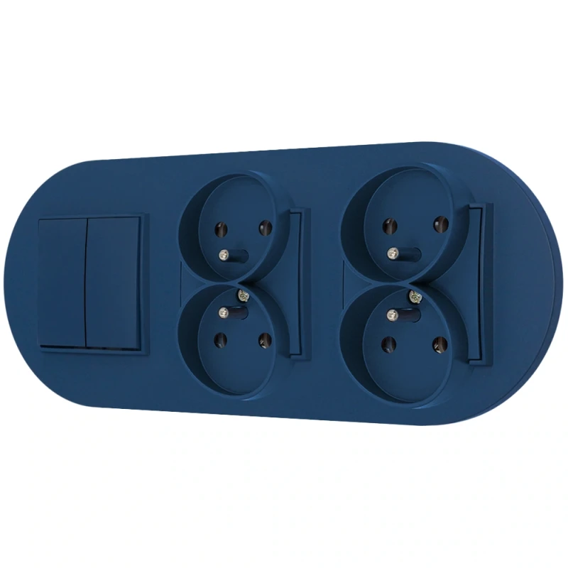 Włącznik podwójny i dwa gniazda podwójne z ramką okrągłą seria MINI kolor navy blue