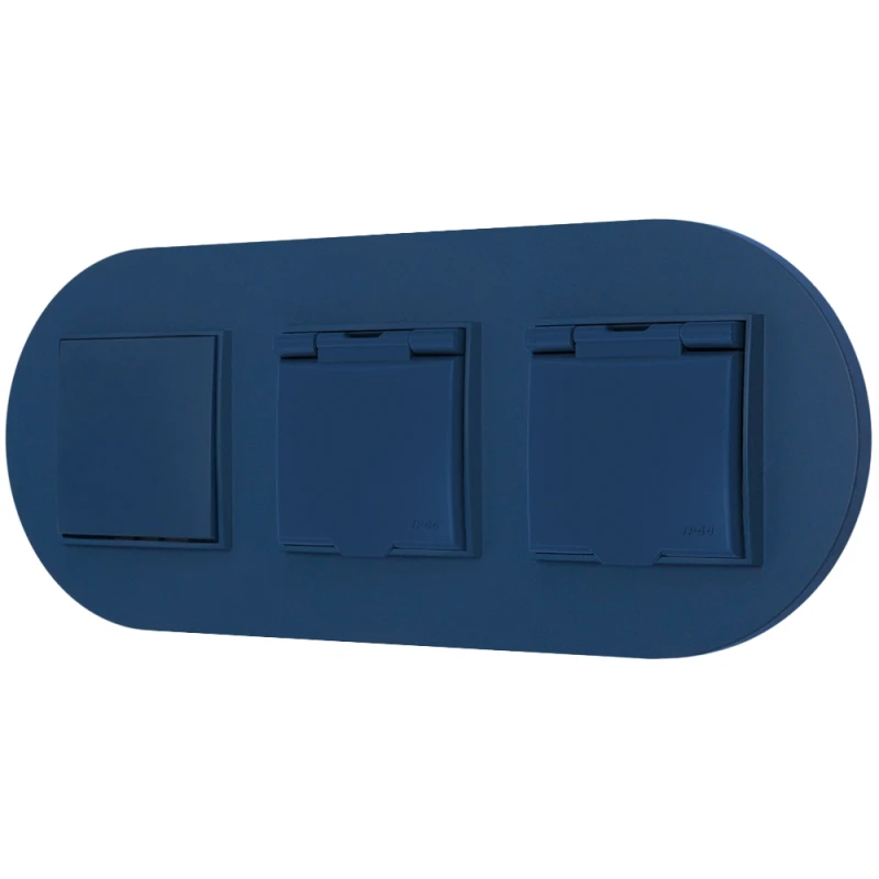 Włącznik pojedynczy i dwa gniazda hermetyczne z ramką okrągłą seria MINI kolor navy blue