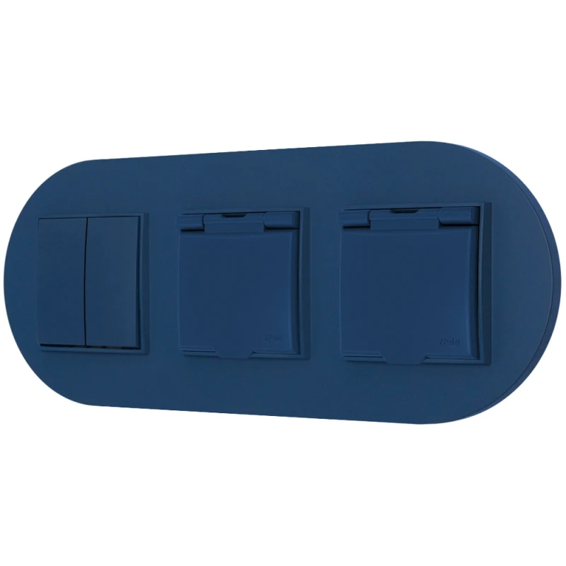 Włącznik podwójny i dwa gniazda hermetyczne z ramką okrągłą seria MINI kolor navy blue