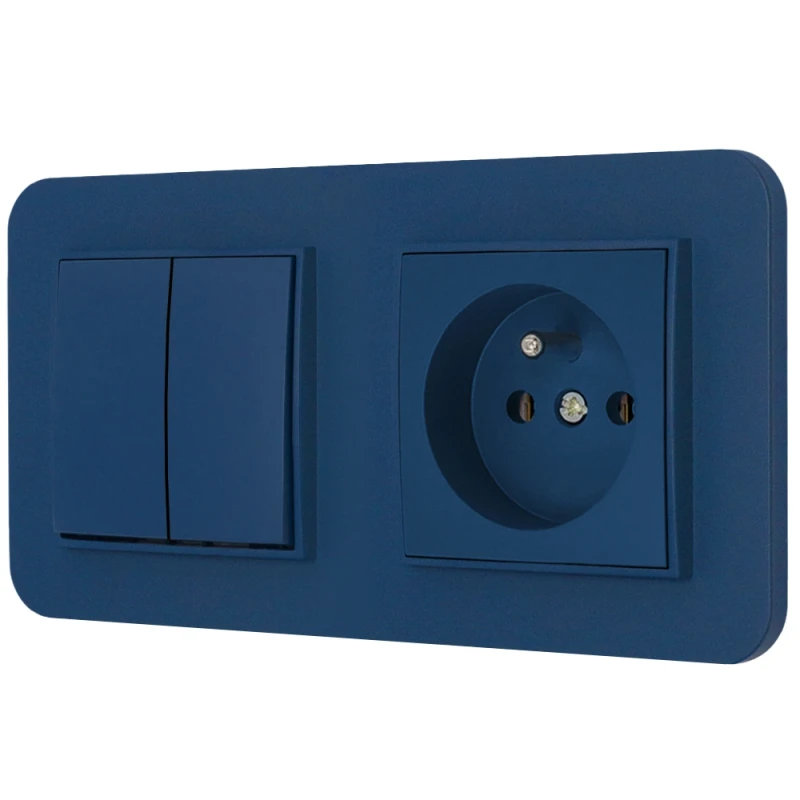 Włącznik podwójny z gniazdem pojedynczym z ramką zaokrągloną seria MINI kolor navy blue