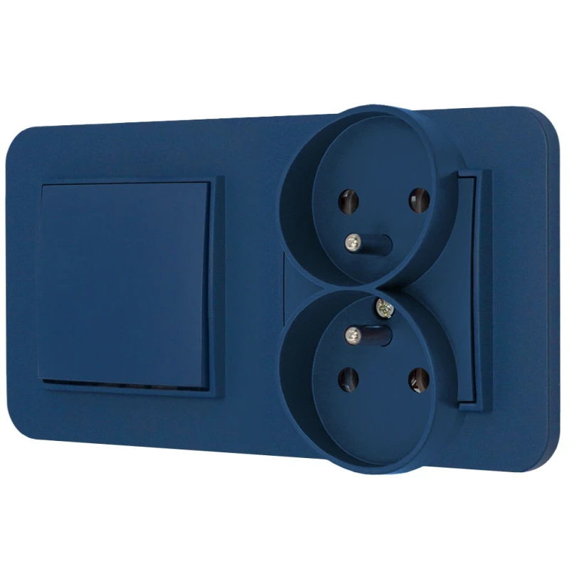 Włącznik pojedynczy z gniazdem podwójnym z ramką zaokrągloną seria MINI kolor navy blue