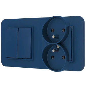 Włącznik podwójny z gniazdem podwójnym z ramką zaokrągloną seria MINI kolor navy blue