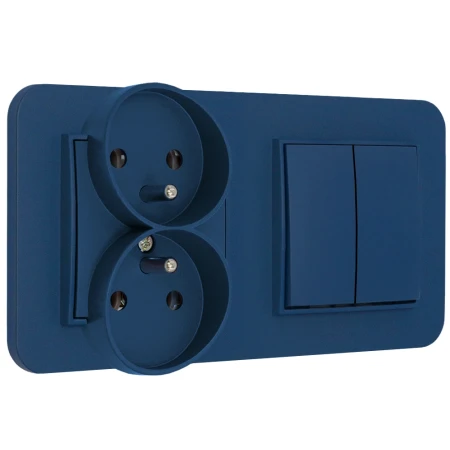Włącznik podwójny z gniazdem podwójnym z ramką zaokrągloną seria MINI kolor navy blue