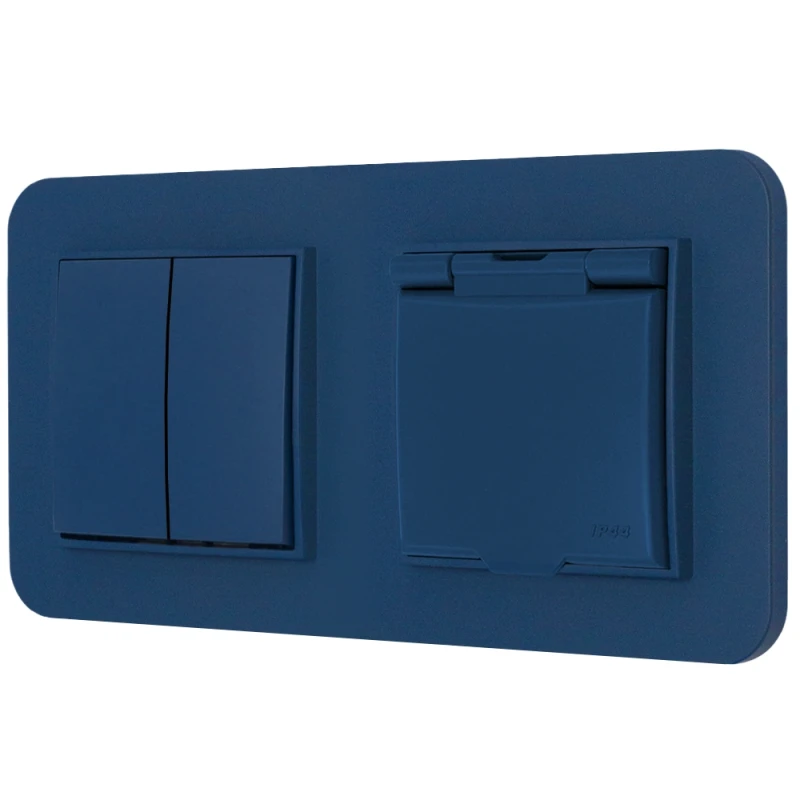 Włącznik podwójny z gniazdem hermetycznym z ramką zaokrągloną seria MINI kolor navy blue