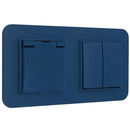 Włącznik podwójny z gniazdem hermetycznym z ramką zaokrągloną seria MINI kolor navy blue